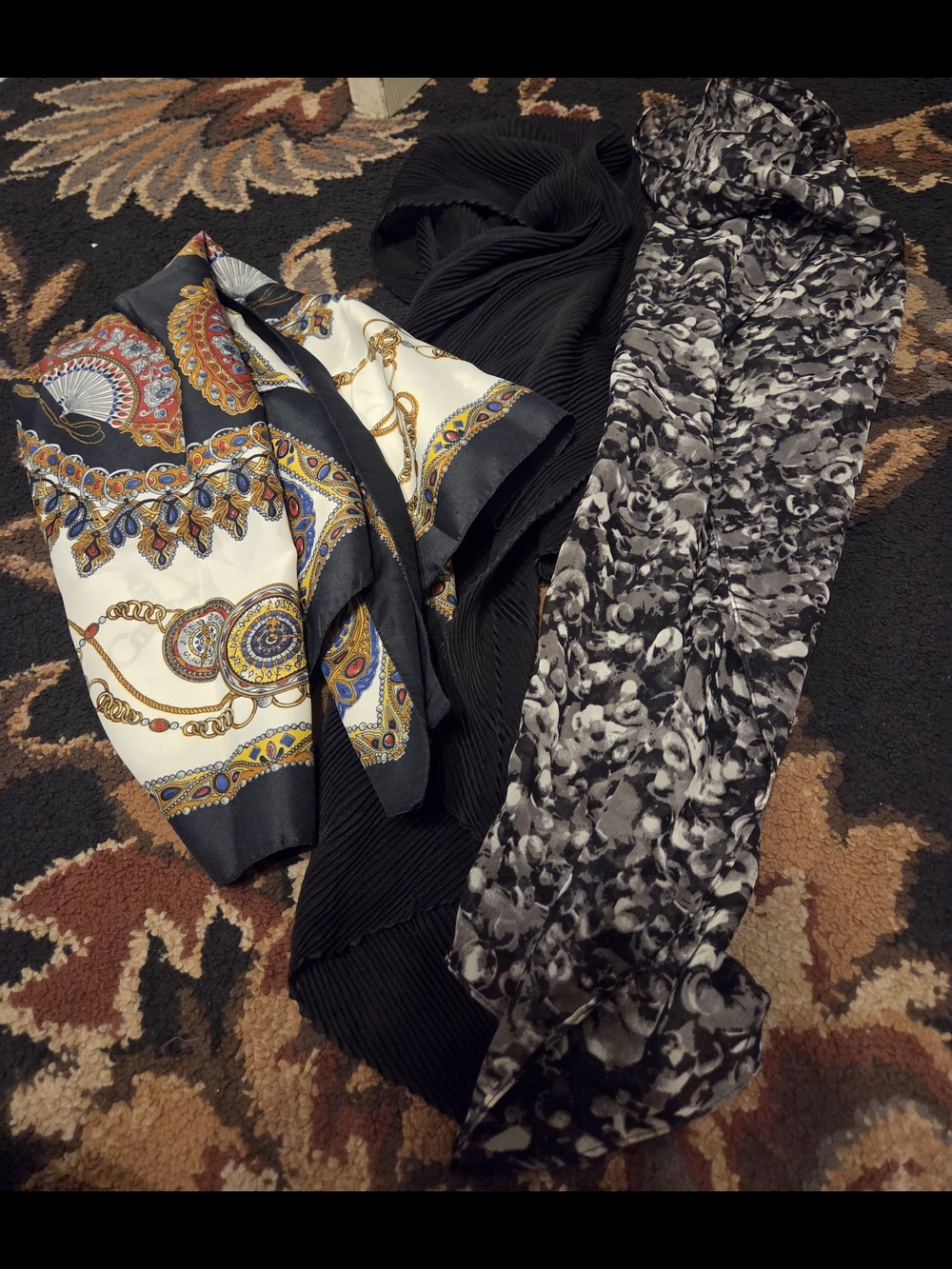 Set of Three Fashion Scarves - Black, White, Multicolor  Print